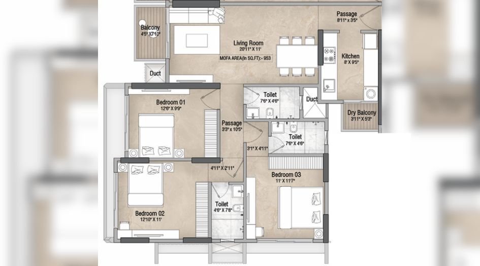 Vascon-Orchid-Floor-Plan-3 BHK-1000 Sqft-C-Wing